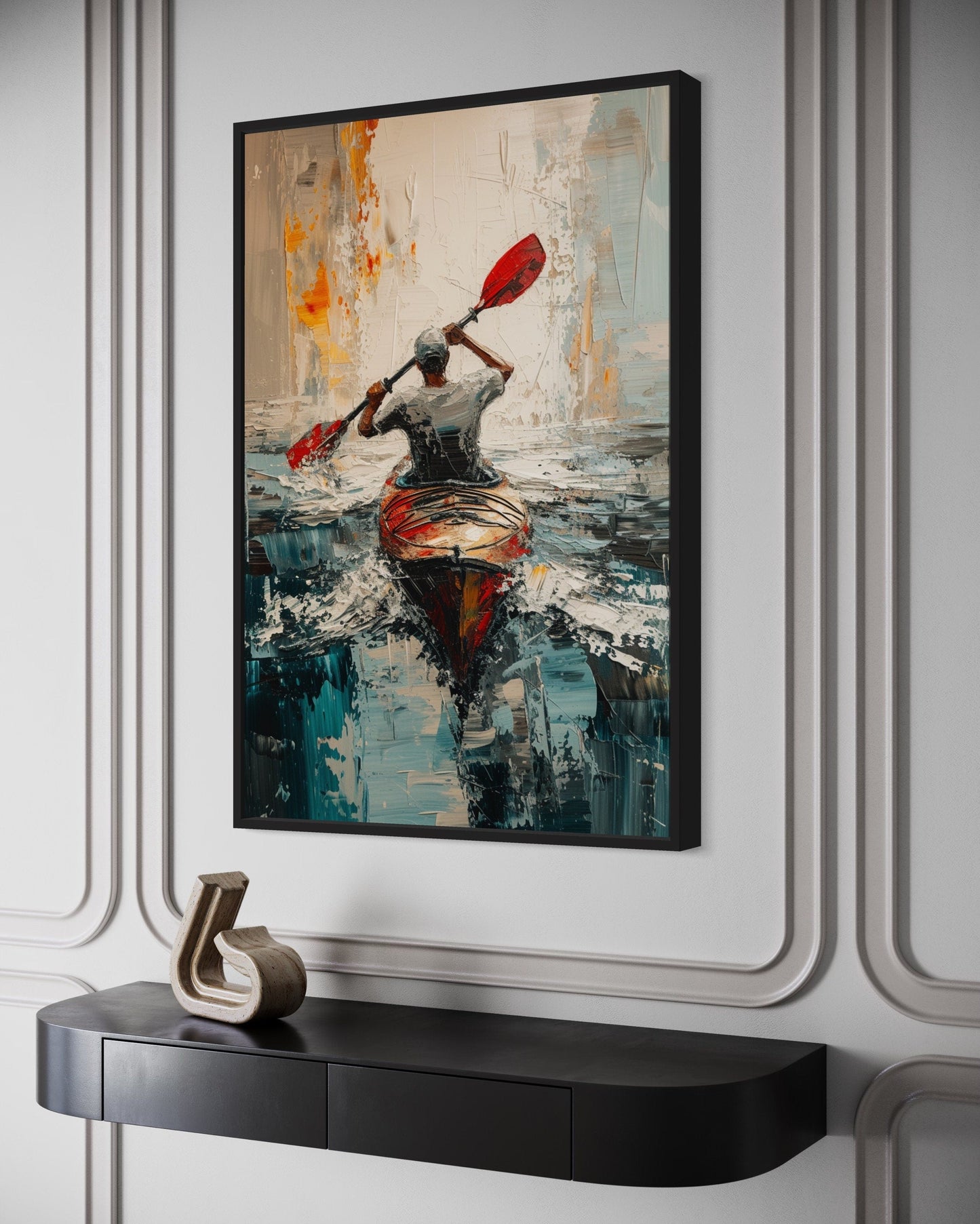 Kayaker In The Lake Abstract Framed Canvas Wall Art For Cabin Decor