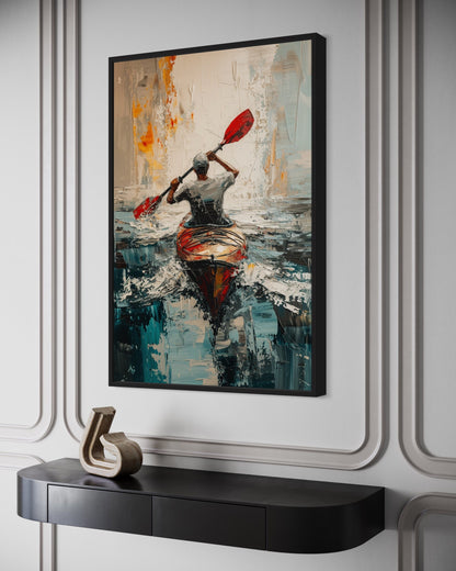 Kayaker In The Lake Abstract Framed Canvas Wall Art For Cabin Decor
