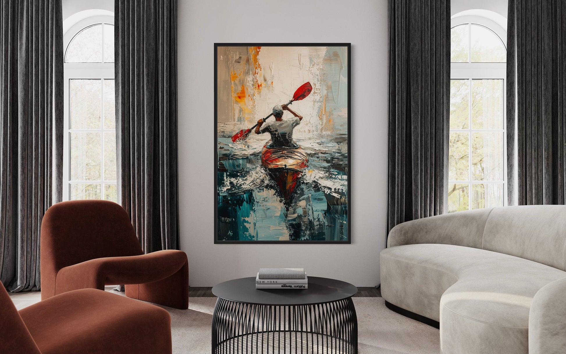 Kayaker In The Lake Abstract Framed Canvas Wall Art For Cabin Decor