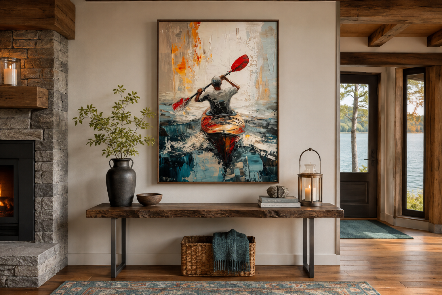 Kayaker In The Lake Abstract Framed Canvas Wall Art For Cabin Decor