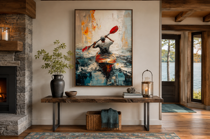 Kayaker In The Lake Abstract Framed Canvas Wall Art For Cabin Decor