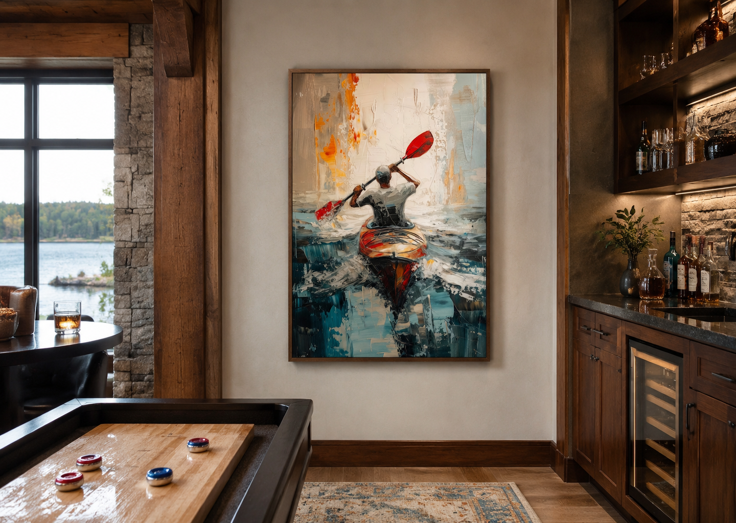 Kayaker In The Lake Abstract Framed Canvas Wall Art For Cabin Decor
