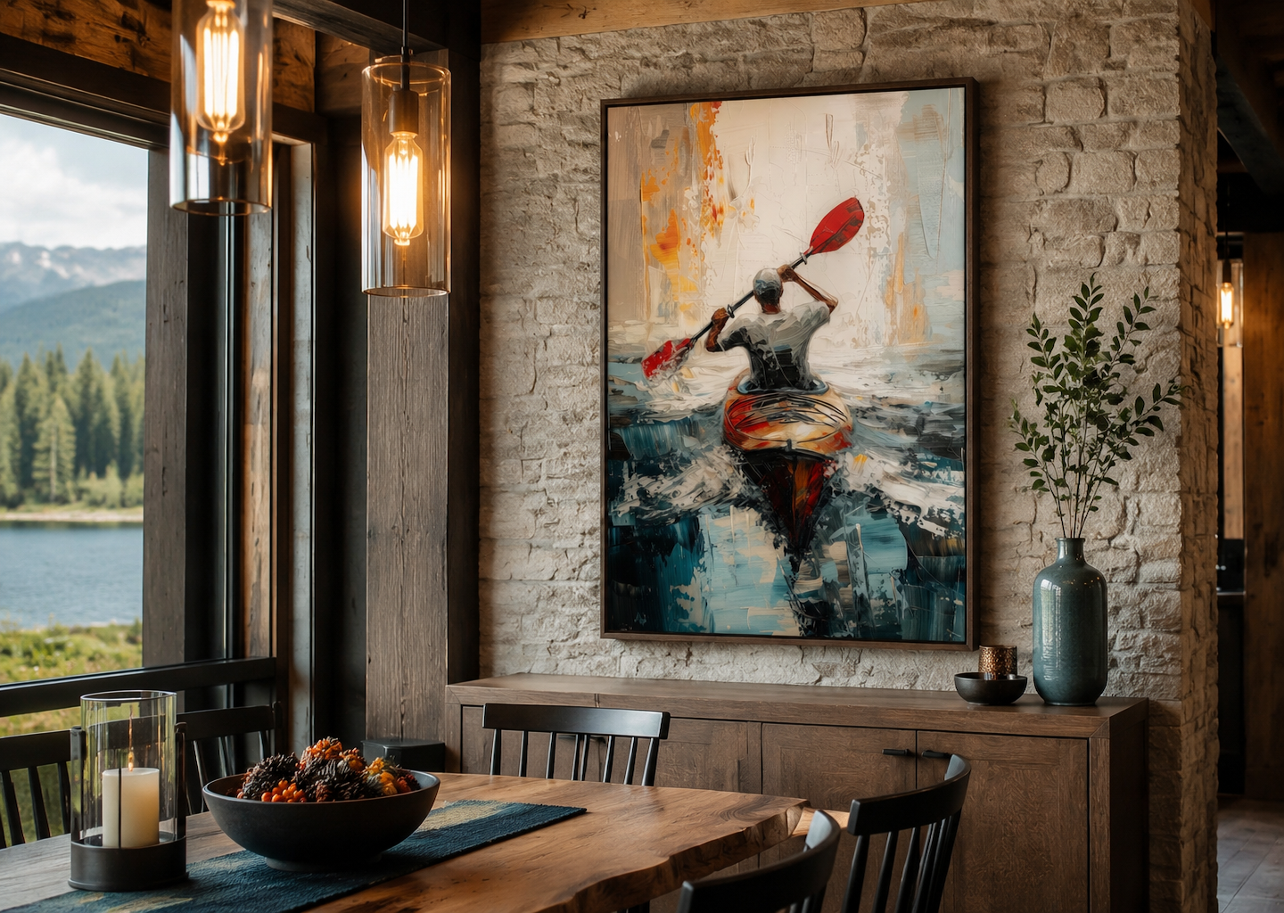 Kayaker In The Lake Abstract Framed Canvas Wall Art For Cabin Decor