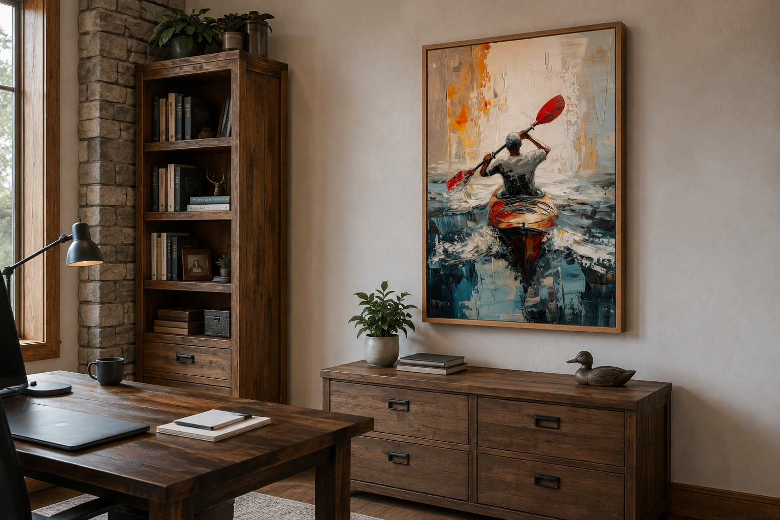 Kayaker In The Lake Abstract Framed Canvas Wall Art For Cabin Decor