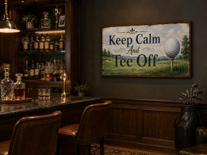 Keep Calm Tee Off | Funny Golf Sign Wall Art for Man Cave & Home Office Decor