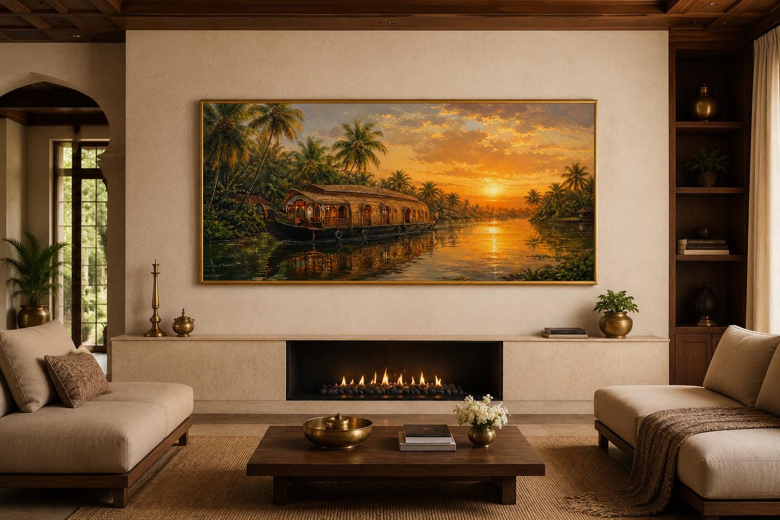 Kerala Backwaters Houseboat at Sunset Painting Indian Living Room Canvas Wall Art