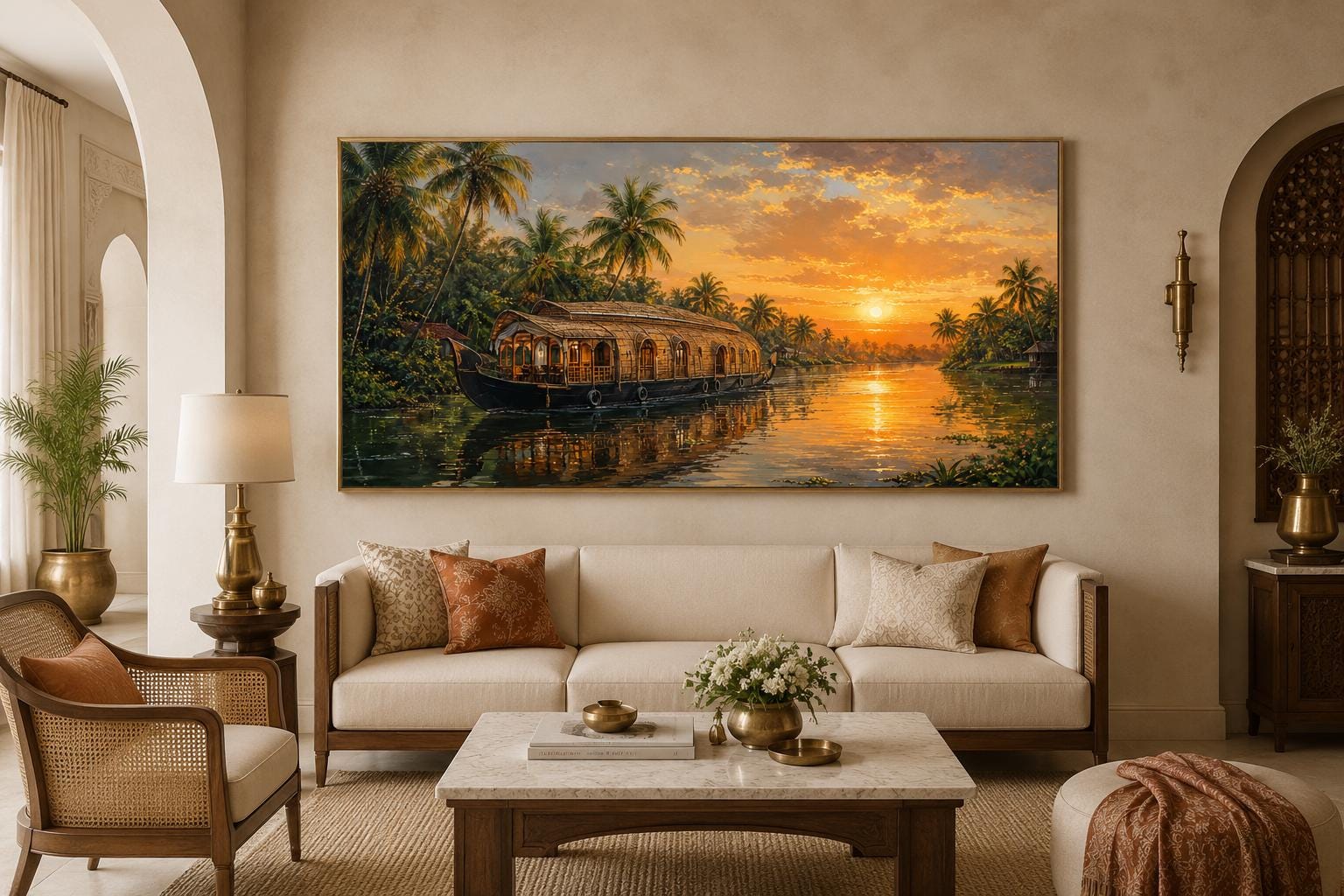 Kerala Backwaters Houseboat at Sunset Painting Indian Living Room Canvas Wall Art
