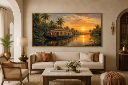 Kerala Backwaters Houseboat at Sunset Painting Indian Living Room Canvas Wall Art