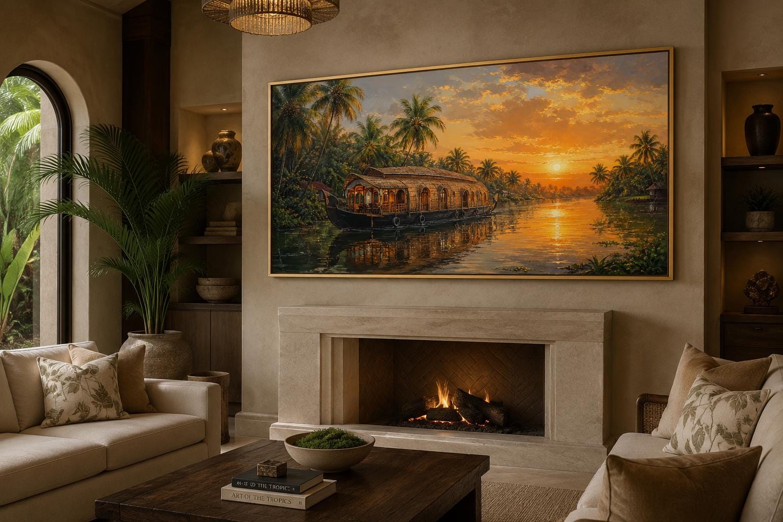 Kerala Backwaters Houseboat at Sunset Painting Indian Living Room Canvas Wall Art
