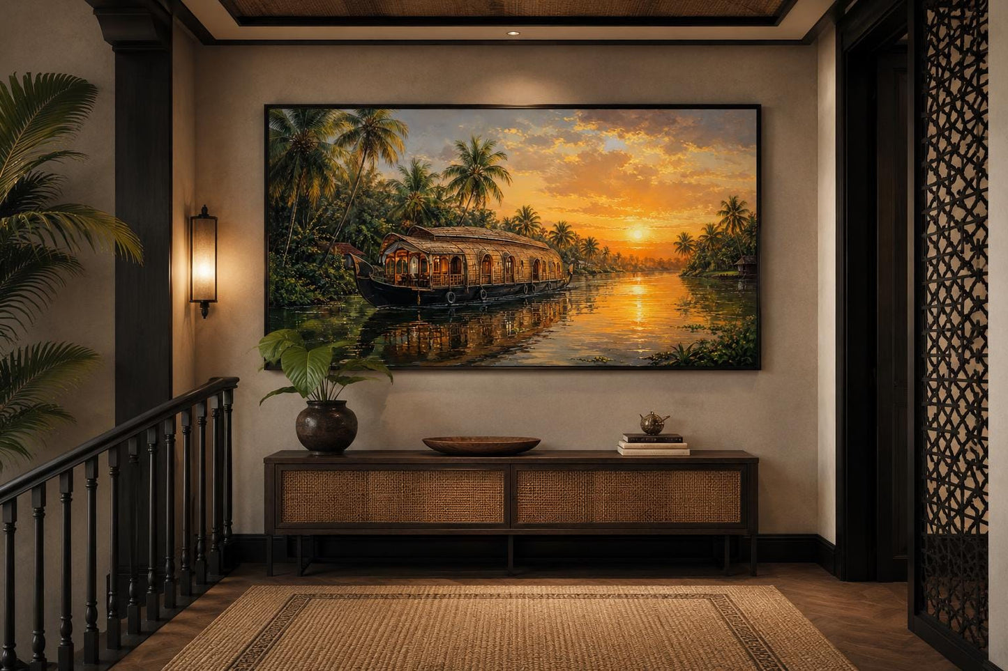 Kerala Backwaters Houseboat at Sunset Painting Indian Living Room Canvas Wall Art