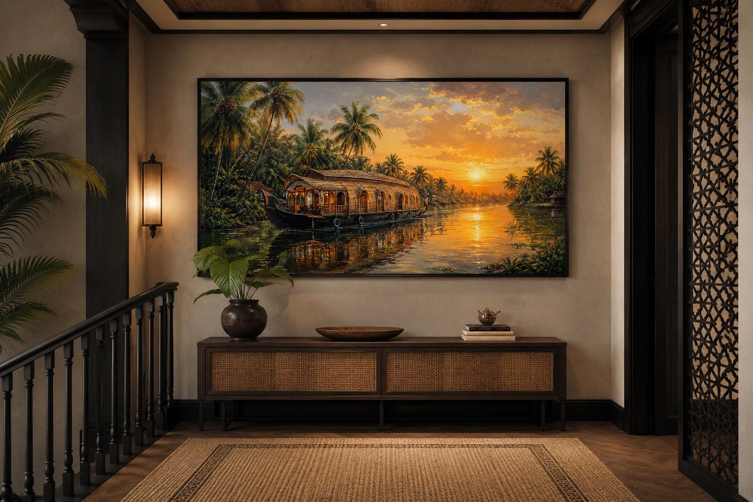 Kerala Backwaters Houseboat at Sunset Painting Indian Living Room Canvas Wall Art