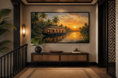 Kerala Backwaters Houseboat at Sunset Painting Indian Living Room Canvas Wall Art