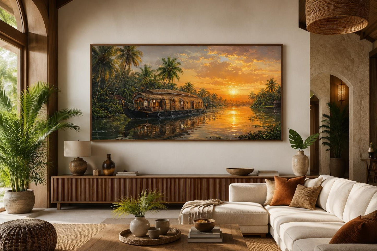 Kerala Backwaters Houseboat at Sunset Painting Indian Living Room Canvas Wall Art