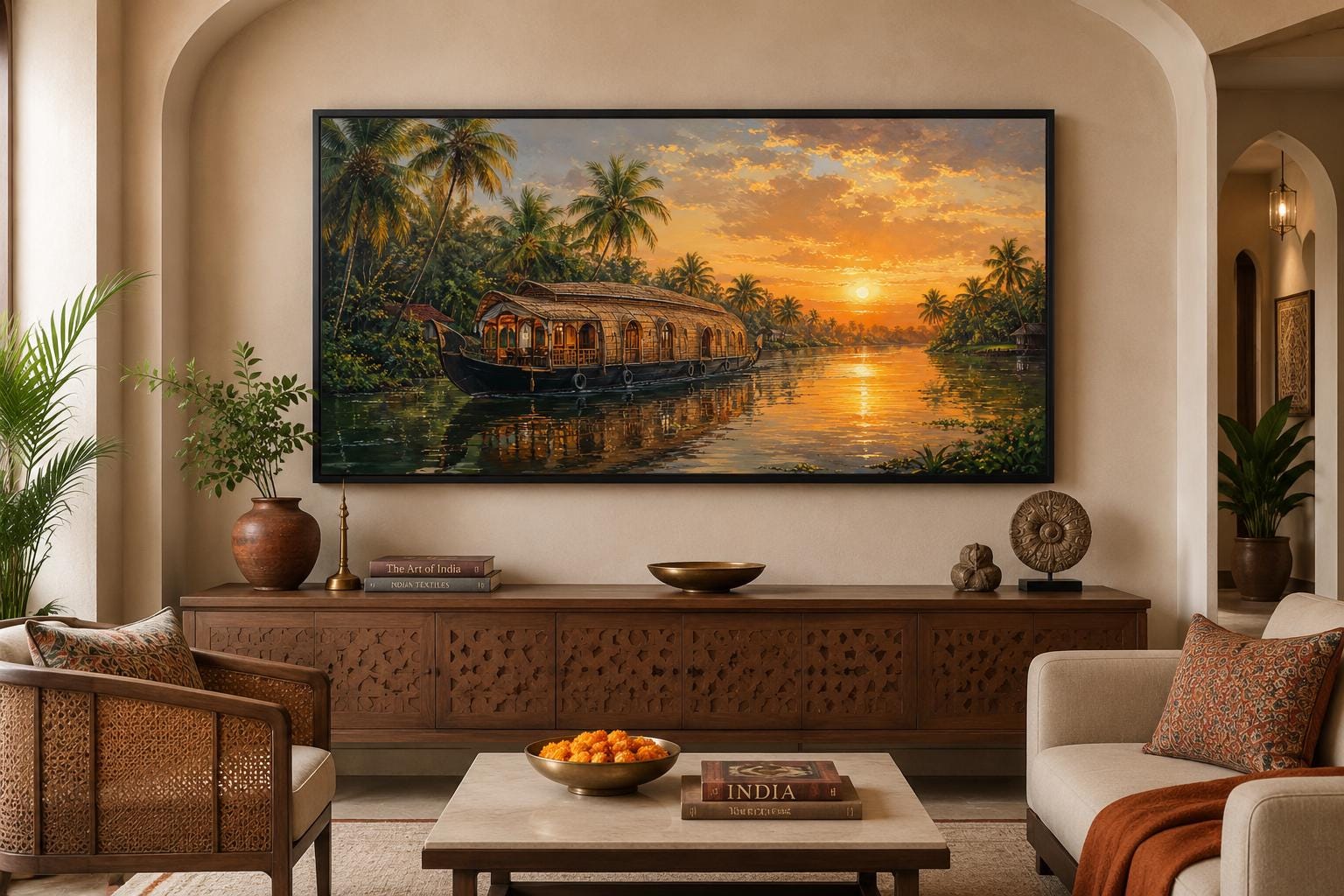 Kerala Backwaters Houseboat at Sunset Painting Indian Living Room Canvas Wall Art
