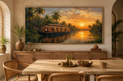 Kerala Backwaters Houseboat at Sunset Painting Indian Living Room Canvas Wall Art