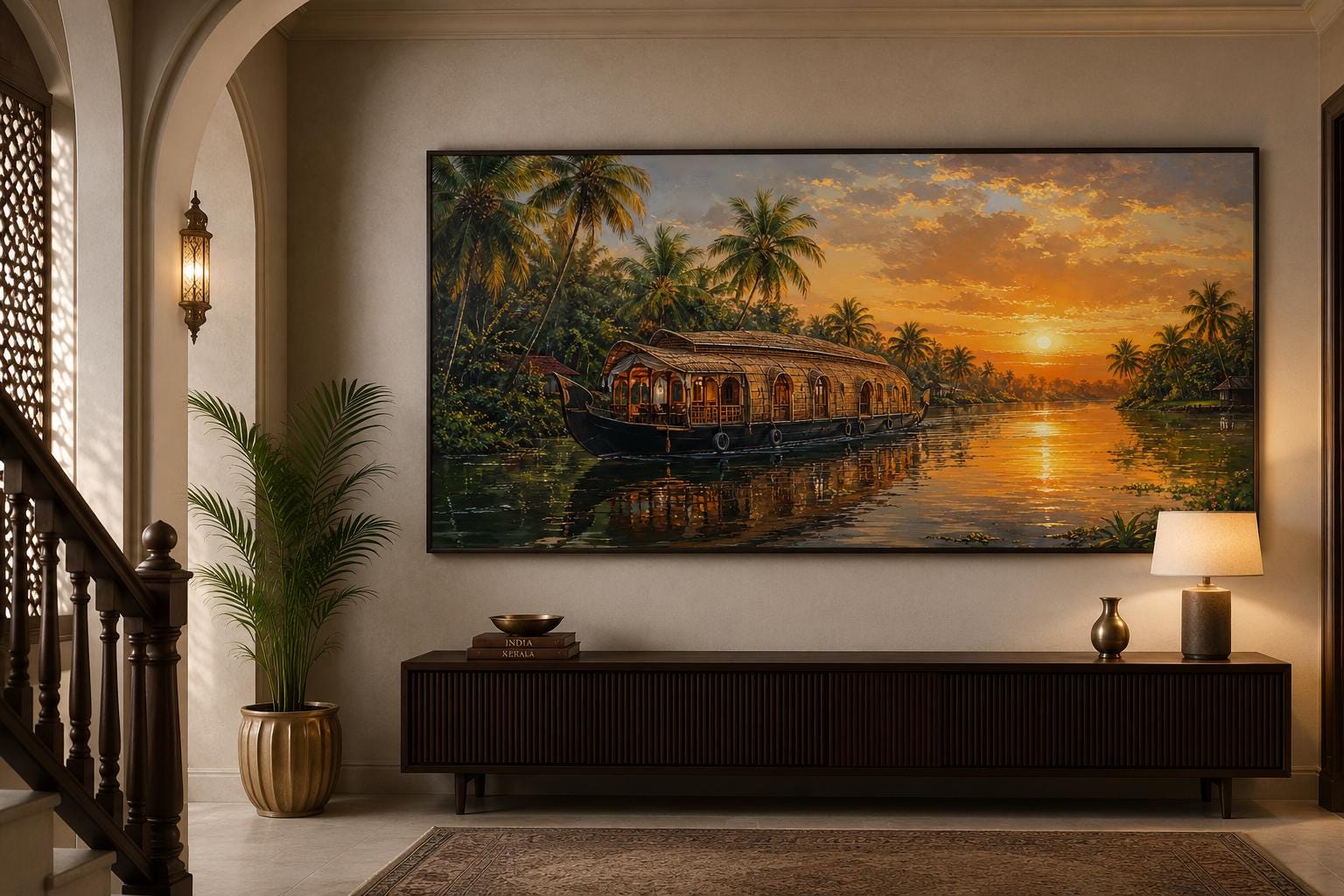 Kerala Backwaters Houseboat at Sunset Painting Indian Living Room Canvas Wall Art