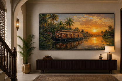Kerala Backwaters Houseboat at Sunset Painting Indian Living Room Canvas Wall Art