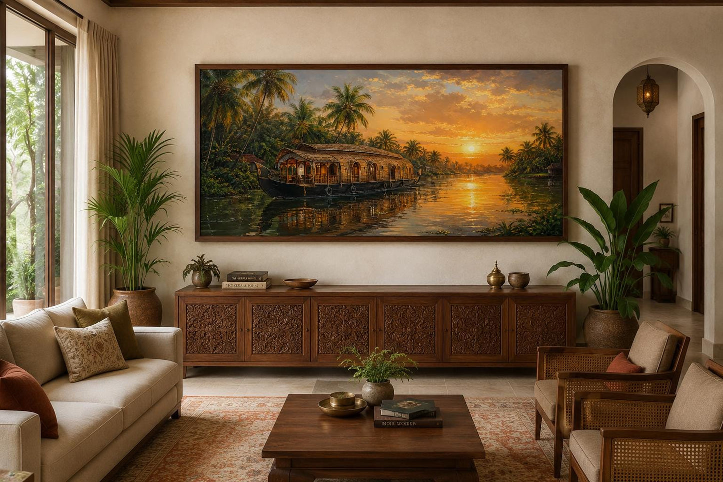 Kerala Backwaters Houseboat at Sunset Painting Indian Living Room Canvas Wall Art