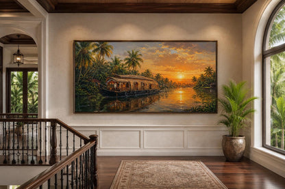 Kerala Backwaters Houseboat at Sunset Painting Indian Living Room Canvas Wall Art