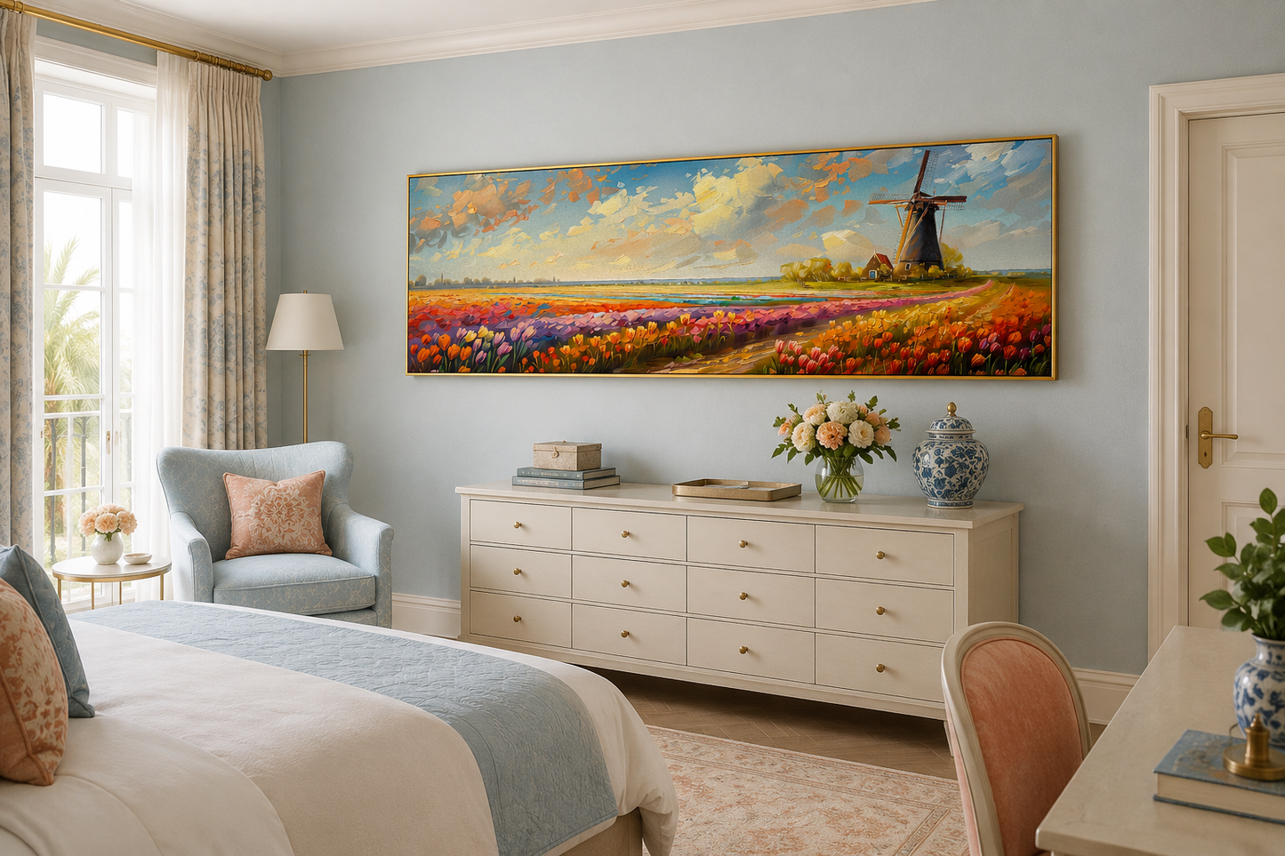 Keukenhof Gardens And Windmill Netherlands Framed Canvas Wall Art