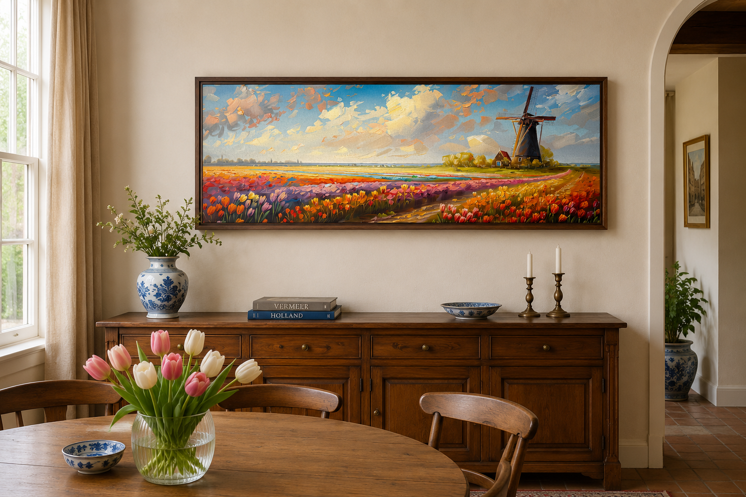 Keukenhof Gardens And Windmill Netherlands Framed Canvas Wall Art