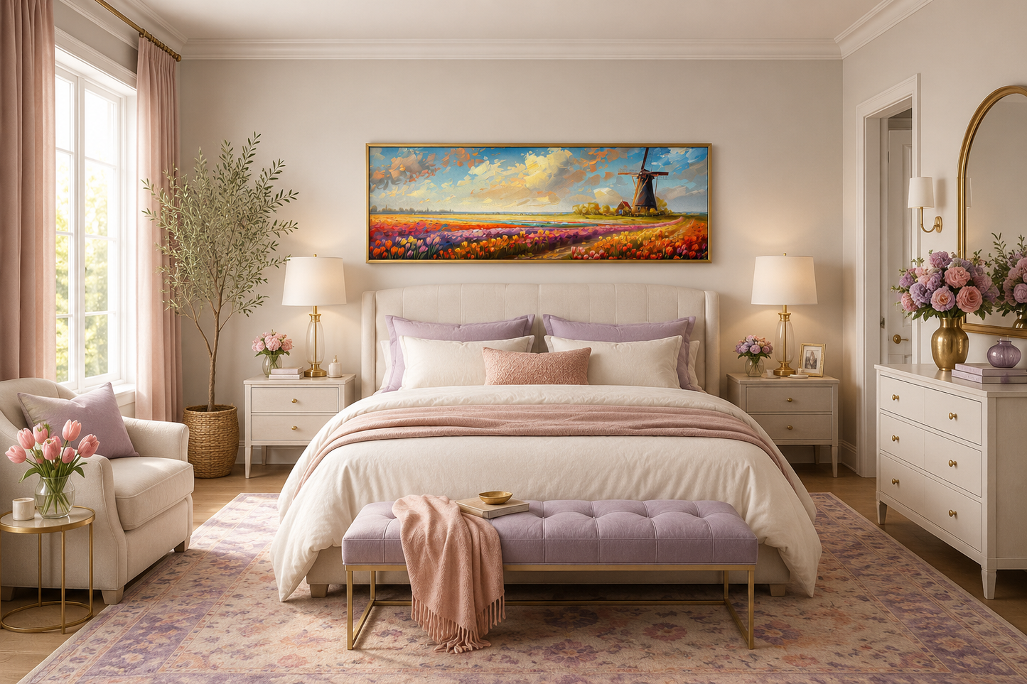Keukenhof Gardens And Windmill Netherlands Framed Canvas Wall Art