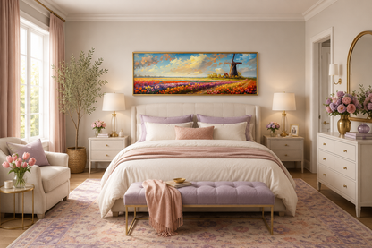 Keukenhof Gardens And Windmill Netherlands Framed Canvas Wall Art