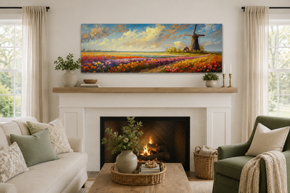 Keukenhof Gardens And Windmill Netherlands Framed Canvas Wall Art