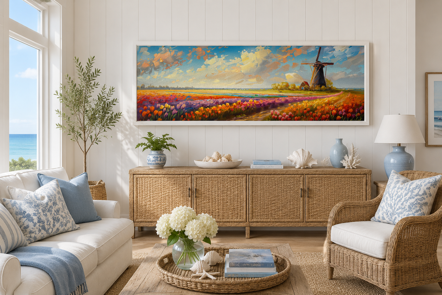 Keukenhof Gardens And Windmill Netherlands Framed Canvas Wall Art