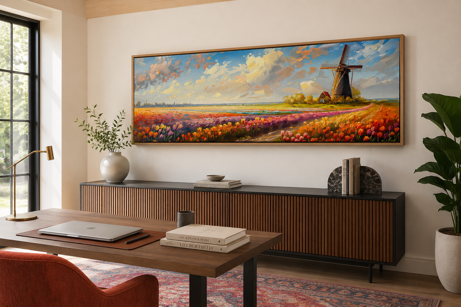 Keukenhof Gardens And Windmill Netherlands Framed Canvas Wall Art
