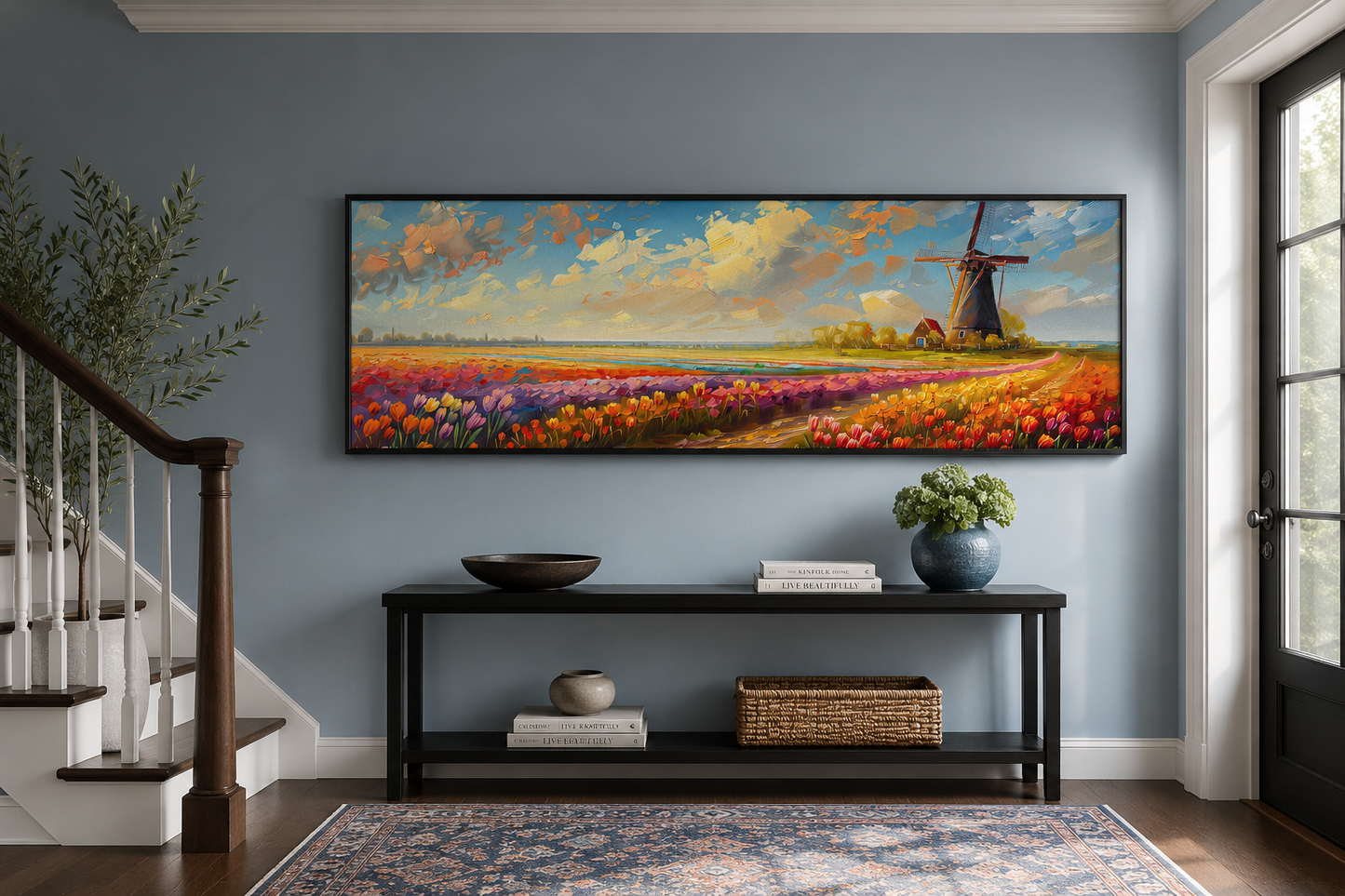 Keukenhof Gardens And Windmill Netherlands Framed Canvas Wall Art