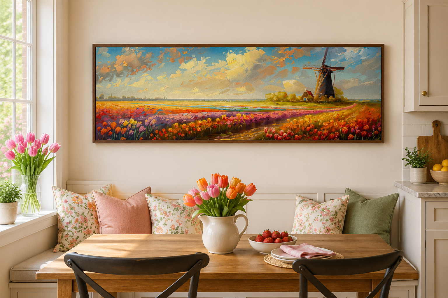 Keukenhof Gardens And Windmill Netherlands Framed Canvas Wall Art