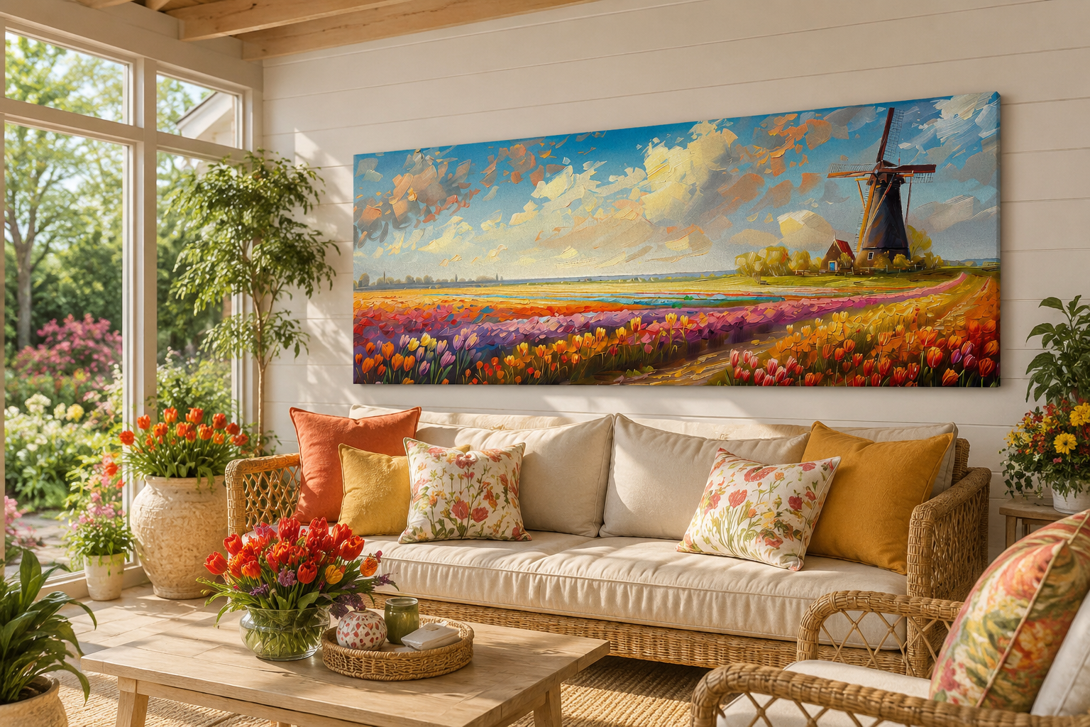 Keukenhof Gardens And Windmill Netherlands Framed Canvas Wall Art