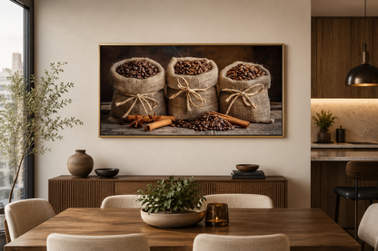 Coffee In Burlap Bags And Cinnamon Sticks Framed Canvas Wall Art For Dining Room Or Coffee Bar