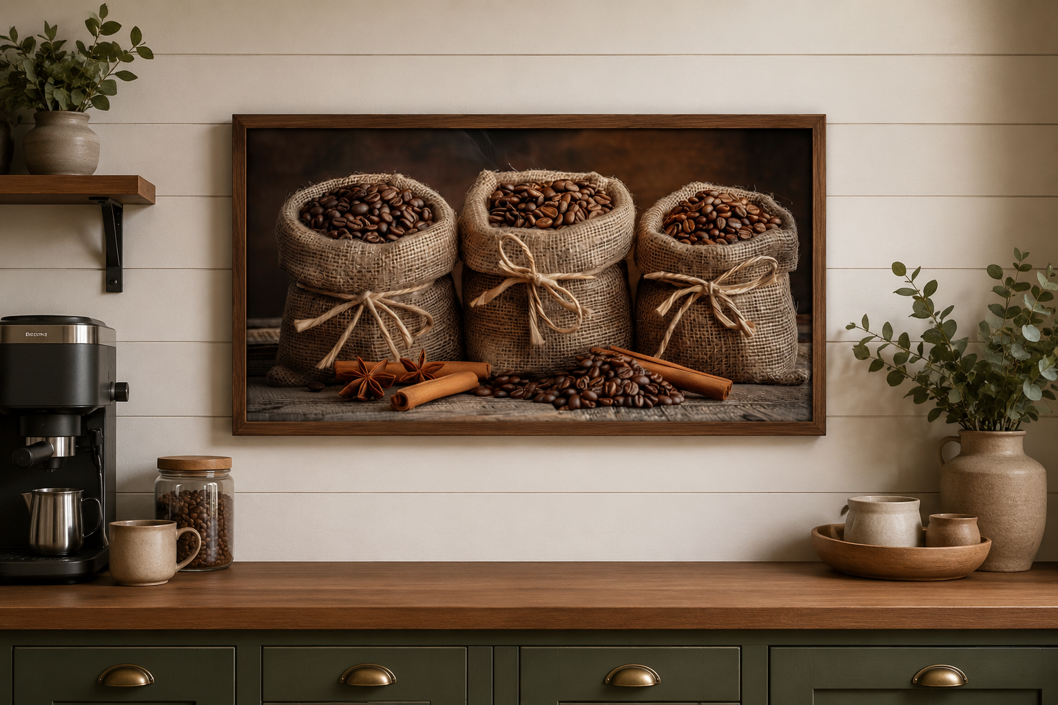 Coffee In Burlap Bags And Cinnamon Sticks Framed Canvas Wall Art For Dining Room Or Coffee Bar