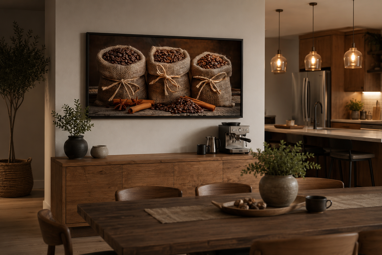 Coffee In Burlap Bags And Cinnamon Sticks Framed Canvas Wall Art For Dining Room Or Coffee Bar