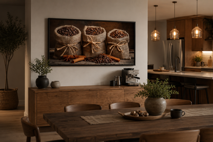 Coffee In Burlap Bags And Cinnamon Sticks Framed Canvas Wall Art For Dining Room Or Coffee Bar