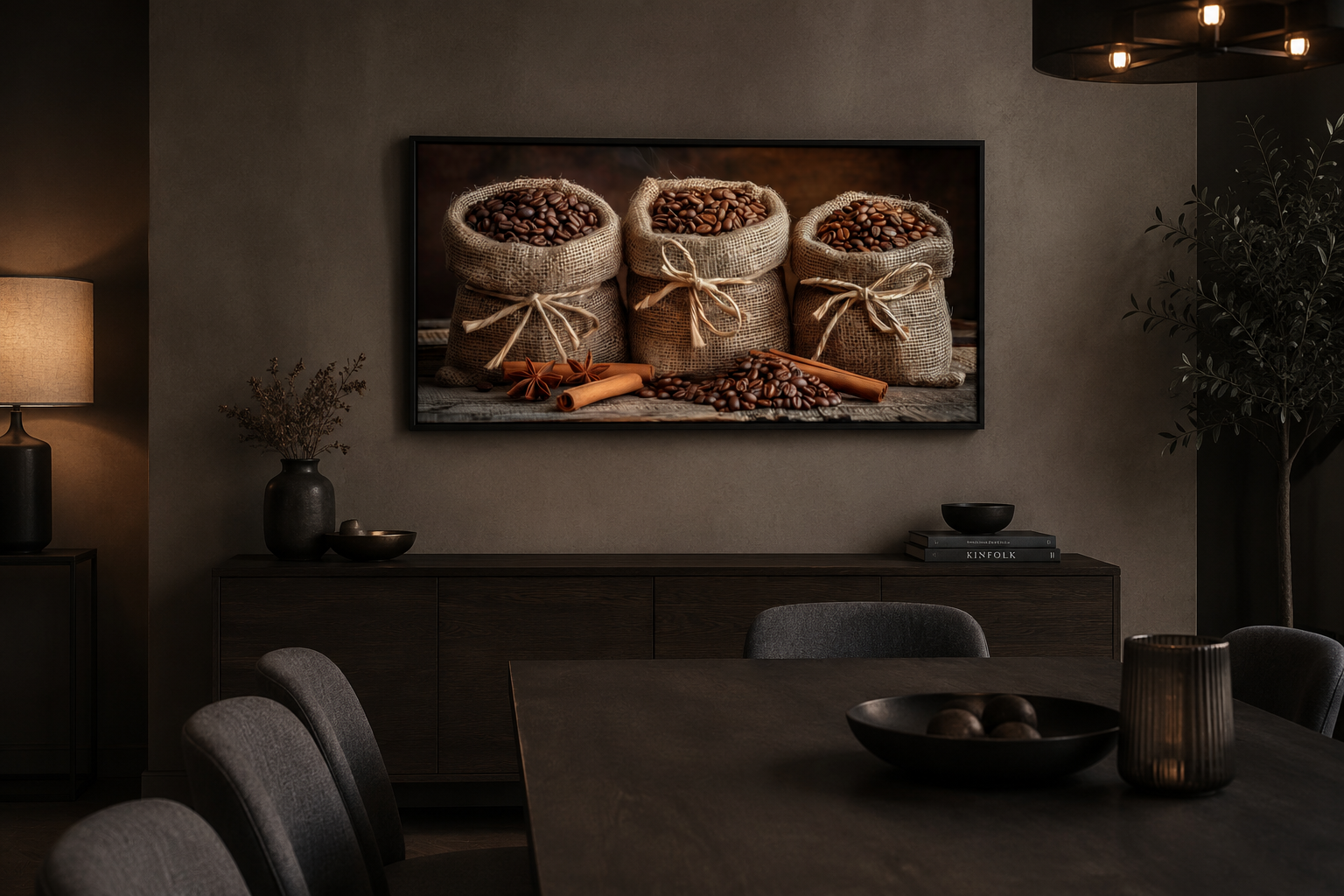 Coffee In Burlap Bags And Cinnamon Sticks Framed Canvas Wall Art For Dining Room Or Coffee Bar