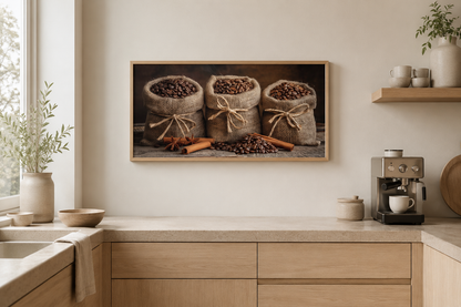 Coffee In Burlap Bags And Cinnamon Sticks Framed Canvas Wall Art For Dining Room Or Coffee Bar