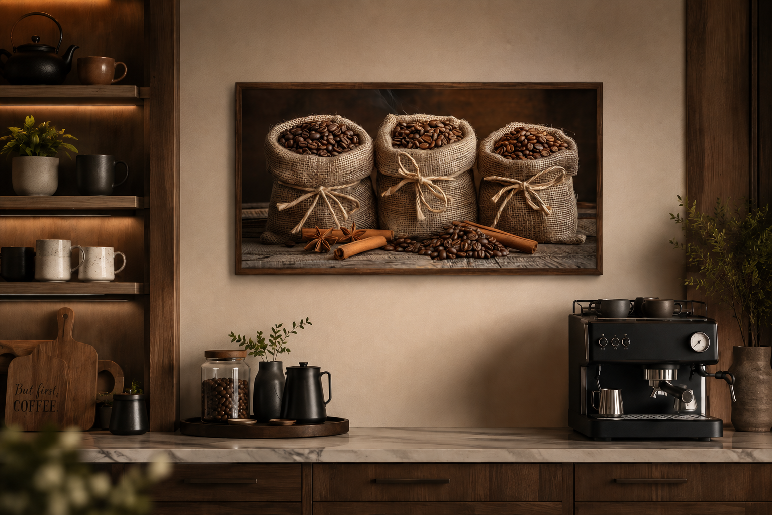 Coffee In Burlap Bags And Cinnamon Sticks Framed Canvas Wall Art For Dining Room Or Coffee Bar