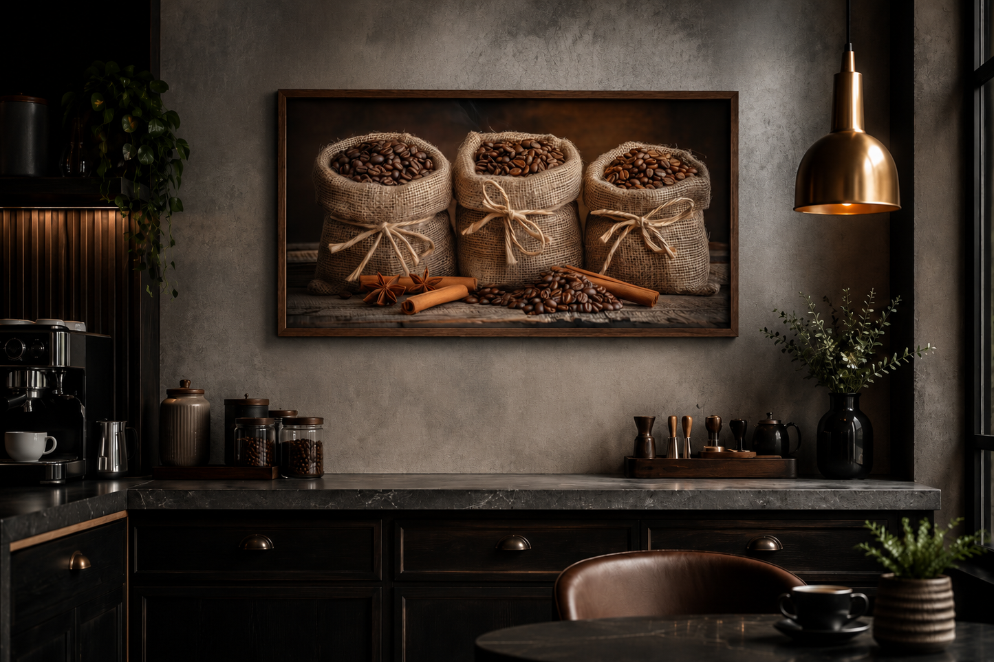 Coffee In Burlap Bags And Cinnamon Sticks Framed Canvas Wall Art For Dining Room Or Coffee Bar