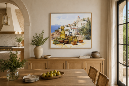 Olives And Oil Watercolor Greece Landscape Framed Canvas Wall Art For Kitchen Decor