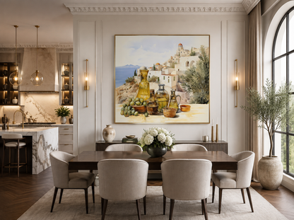 Olives And Oil Watercolor Greece Landscape Framed Canvas Wall Art For Kitchen Decor