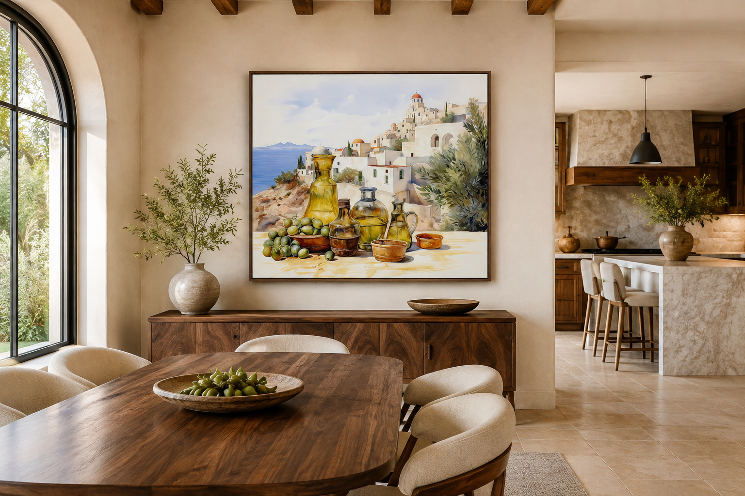 Olives And Oil Watercolor Greece Landscape Framed Canvas Wall Art For Kitchen Decor