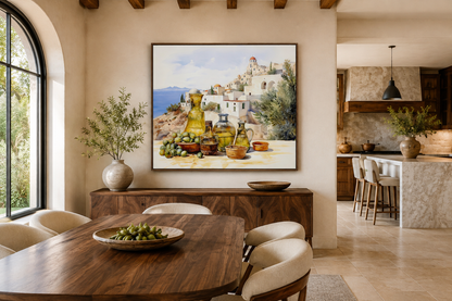 Olives And Oil Watercolor Greece Landscape Framed Canvas Wall Art For Kitchen Decor