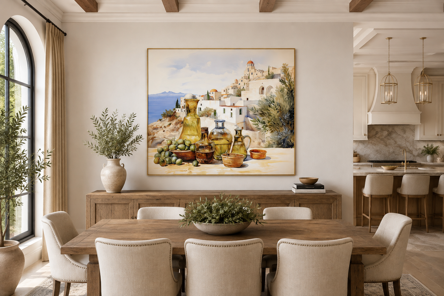 Olives And Oil Watercolor Greece Landscape Framed Canvas Wall Art For Kitchen Decor