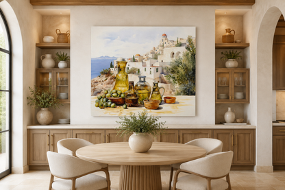 Olives And Oil Watercolor Greece Landscape Framed Canvas Wall Art For Kitchen Decor