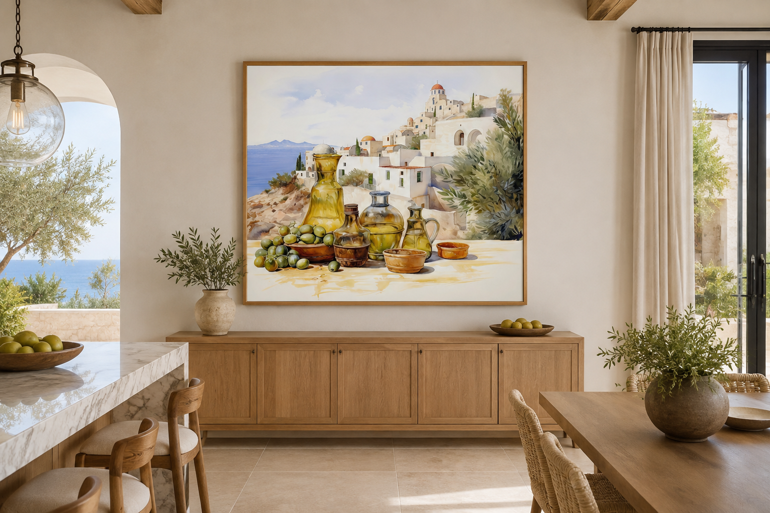 Olives And Oil Watercolor Greece Landscape Framed Canvas Wall Art For Kitchen Decor