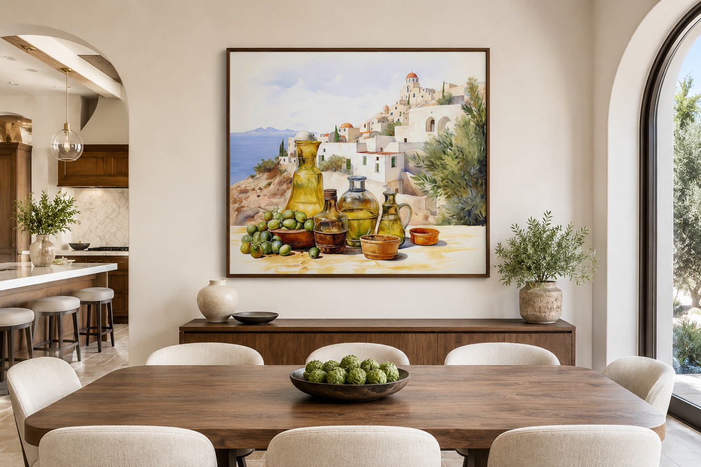 Olives And Oil Watercolor Greece Landscape Framed Canvas Wall Art For Kitchen Decor
