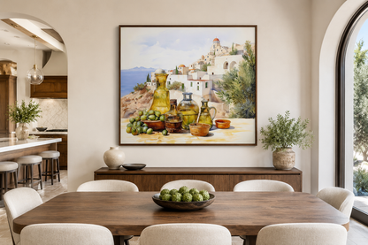 Olives And Oil Watercolor Greece Landscape Framed Canvas Wall Art For Kitchen Decor